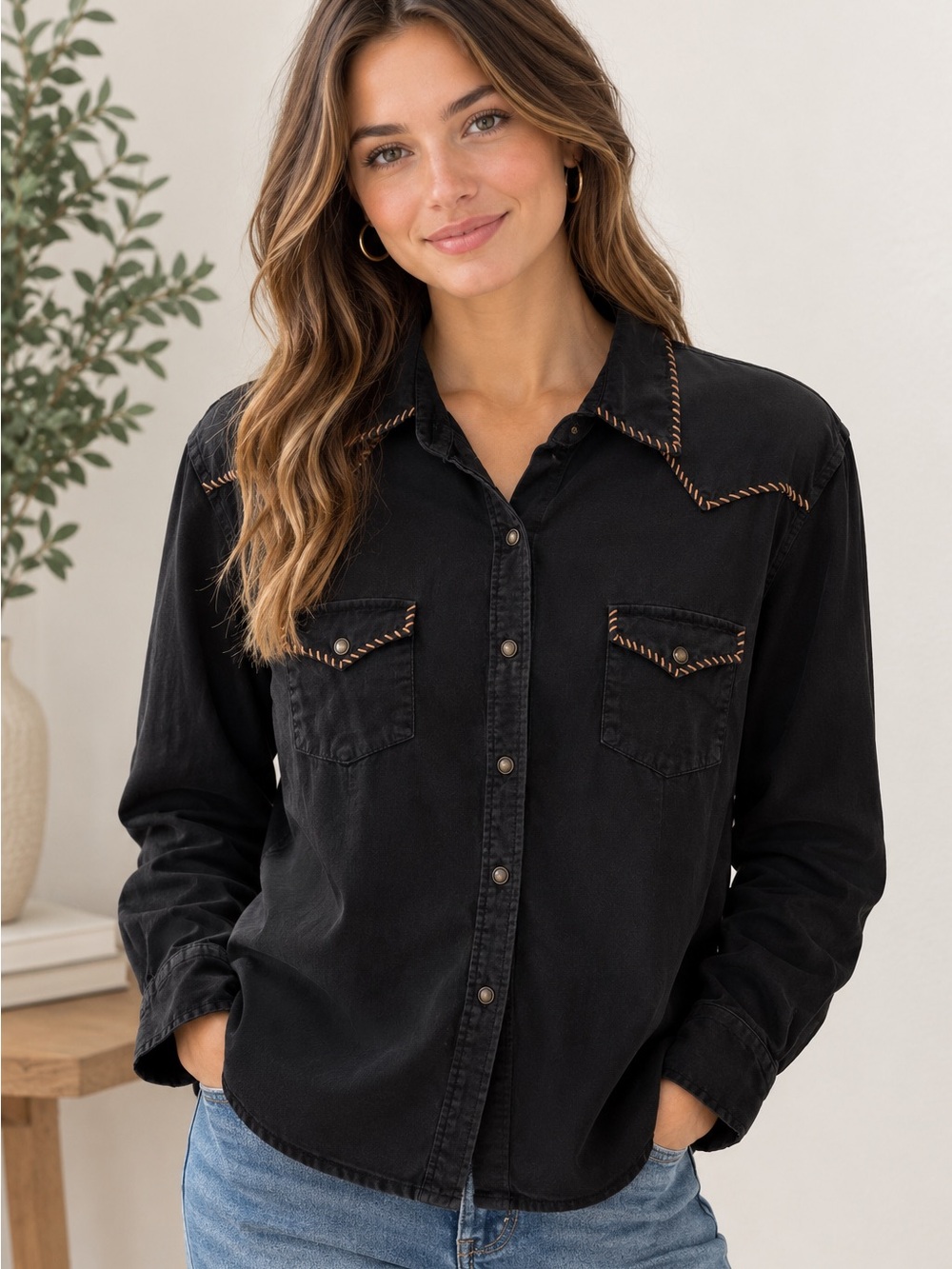 Panhandle Rough Stock Black Western Shirt Whipstitch Yoke Women’s L